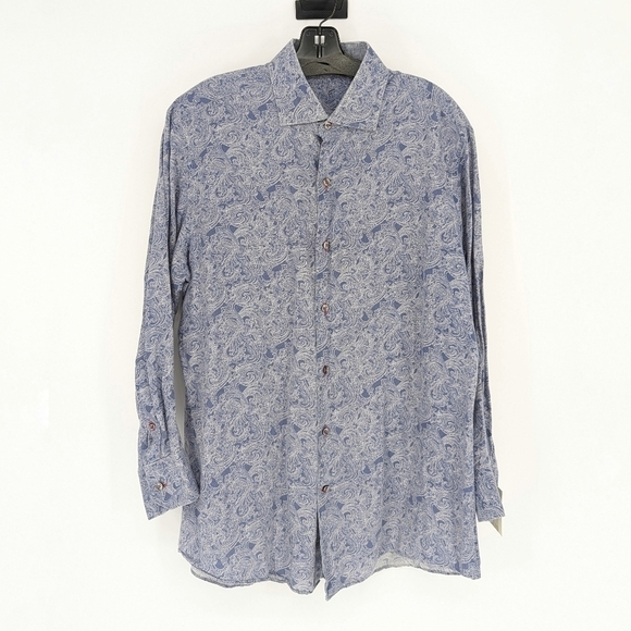 Men's Paisley Button Down Linen Shirt Blue XL bohemian coastal retro preppy - Picture 4 of 11
